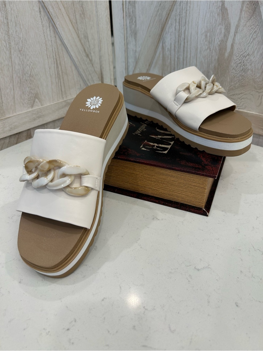 Yellow Box Cream Chain-Accent Platform Slide Mules